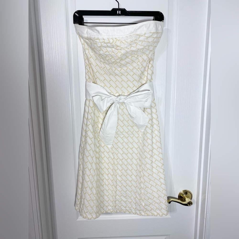 Y2K BCBGirls Cotton Eyelet Strapless Belted Dress White Cream Medium